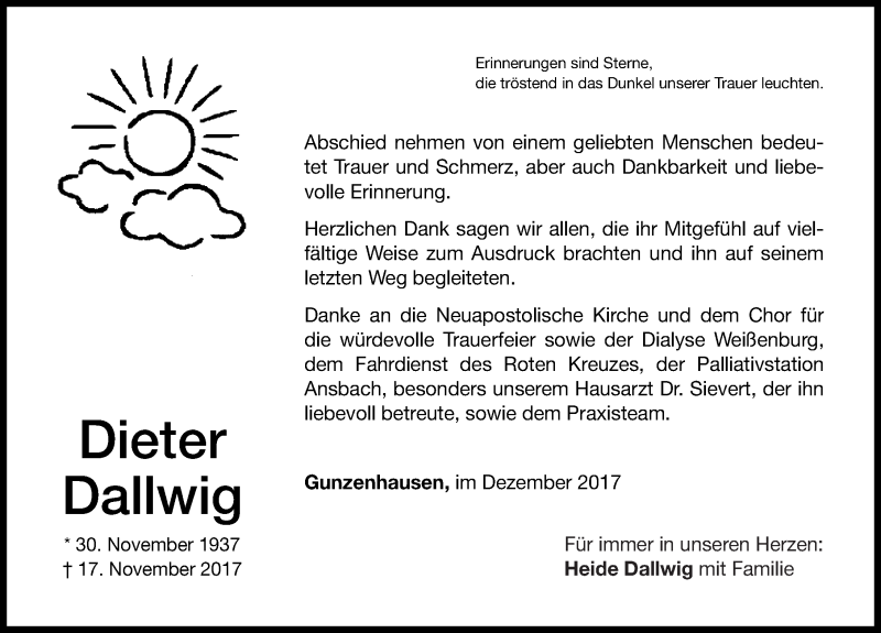  Traueranzeige für Dieter Dallwig vom 05.12.2017 aus Altmühl-Bote Lokal