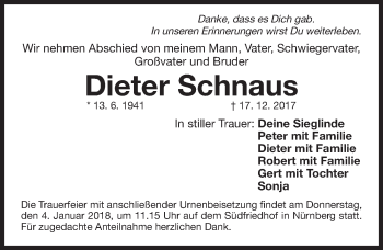 Traueranzeige von Dieter Schnaus von Gesamtausgabe Nürnberger Nachrichten/ Nürnberger Ztg.