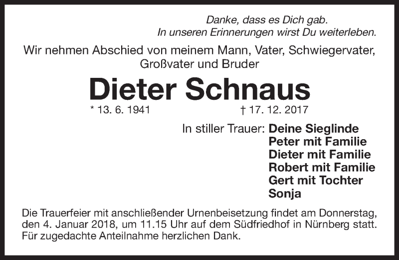  Traueranzeige für Dieter Schnaus vom 30.12.2017 aus Gesamtausgabe Nürnberger Nachrichten/ Nürnberger Ztg.