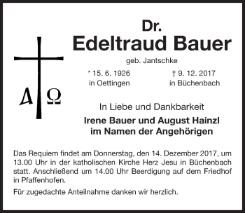 Traueranzeige von Edeltraud Bauer von Roth-Hilpoltsteiner Volkszeitung Lokal