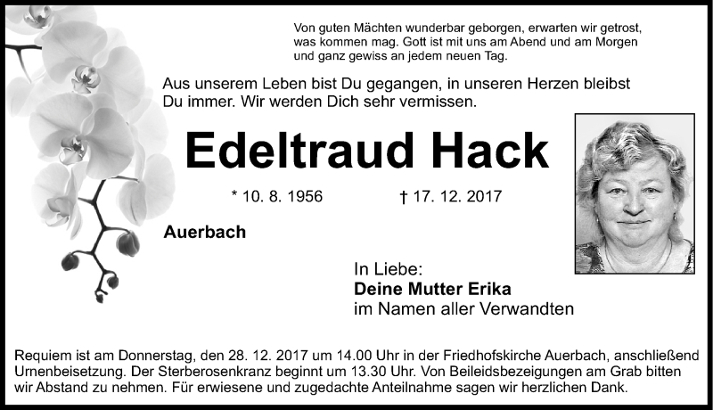  Traueranzeige für Edeltraud Hack vom 23.12.2017 aus Nordbayerische Nachrichten Pegnitz Lokal