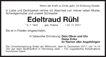 Traueranzeige von Edeltraud Rühl von Gesamtausgabe Nürnberger Nachrichten/ Nürnberger Ztg.