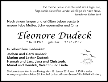 Traueranzeige von Eleonore Dudeck von Gesamtausgabe Nürnberger Nachrichten/ Nürnberger Ztg.