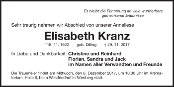 Traueranzeige von Elisabeth Kranz von Gesamtausgabe Nürnberger Nachrichten/ Nürnberger Ztg.
