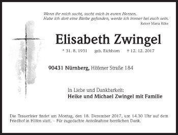 Traueranzeige von Elisabeth Zwingel von Gesamtausgabe Nürnberger Nachrichten/ Nürnberger Ztg.
