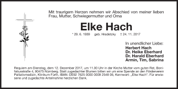 Traueranzeige von Elke Hach von Gesamtausgabe Nürnberger Nachrichten/ Nürnberger Ztg.