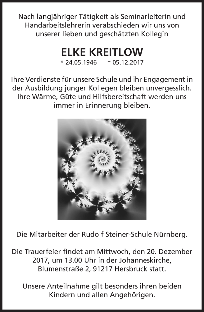  Traueranzeige für Elke Kreitlow vom 16.12.2017 aus Gesamtausgabe Nürnberger Nachrichten/ Nürnberger Ztg.