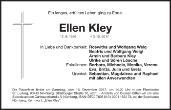 Traueranzeige von Ellen Kley von Gesamtausgabe Nürnberger Nachrichten/ Nürnberger Ztg.
