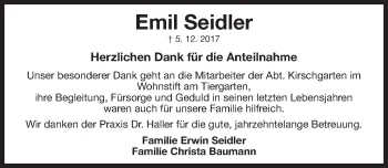 Traueranzeige von Emil Seidler von Gesamtausgabe Nürnberger Nachrichten/ Nürnberger Ztg.