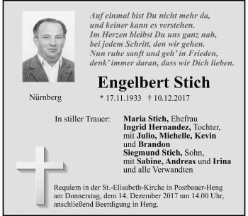 Traueranzeige von Engelbert Stich von Gesamtausgabe Nürnberger Nachrichten/ Nürnberger Ztg.