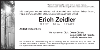 Traueranzeige von Erich Zeidler von Gesamtausgabe Nürnberger Nachrichten/ Nürnberger Ztg.