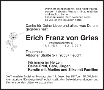 Traueranzeige von Erich Franz von Gries von Gesamtausgabe Nürnberger Nachrichten/ Nürnberger Ztg.