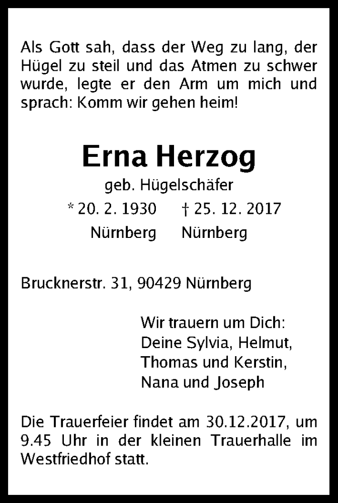  Traueranzeige für Erna Herzog vom 29.12.2017 aus Gesamtausgabe Nürnberger Nachrichten/ Nürnberger Ztg.