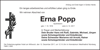 Traueranzeige von Erna Popp von Gesamtausgabe Nürnberger Nachrichten/ Nürnberger Ztg.