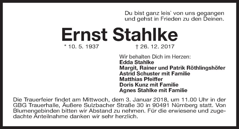  Traueranzeige für Ernst Stahlke vom 30.12.2017 aus Gesamtausgabe Nürnberger Nachrichten/ Nürnberger Ztg.