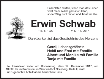 Traueranzeige von Erwin Schwab von Gesamtausgabe Nürnberger Nachrichten/ Nürnberger Ztg.