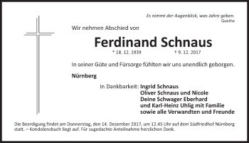 Traueranzeige von Ferdinand Schnaus von Gesamtausgabe Nürnberger Nachrichten/ Nürnberger Ztg.