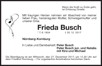 Traueranzeige von Frieda Busch von Gesamtausgabe Nürnberger Nachrichten/ Nürnberger Ztg.