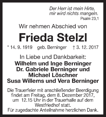 Traueranzeige von Frieda Stelz von Gesamtausgabe Nürnberger Nachrichten/ Nürnberger Ztg.