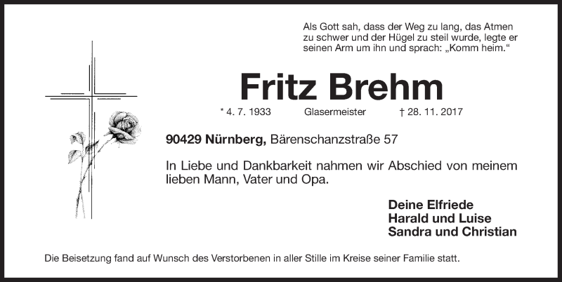  Traueranzeige für Fritz Brehm vom 06.12.2017 aus Gesamtausgabe Nürnberger Nachrichten/ Nürnberger Ztg.