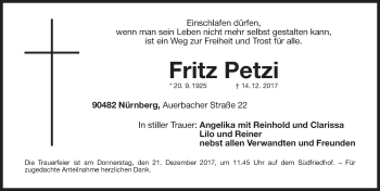 Traueranzeige von Fritz Petzi von Gesamtausgabe Nürnberger Nachrichten/ Nürnberger Ztg.