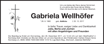 Traueranzeige von Gabriela Wellhöfer von Gesamtausgabe Nürnberger Nachrichten/ Nürnberger Ztg.