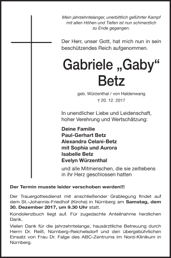 Traueranzeige von Gabriele Betz von Gesamtausgabe Nürnberger Nachrichten/ Nürnberger Ztg.
