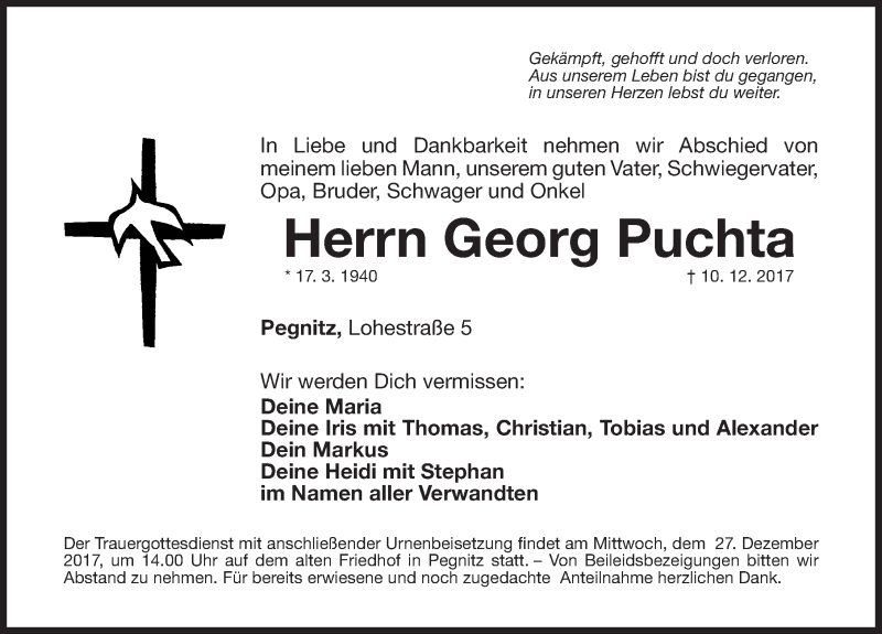  Traueranzeige für Georg Puchta vom 23.12.2017 aus Nordbayerische Nachrichten Pegnitz Lokal
