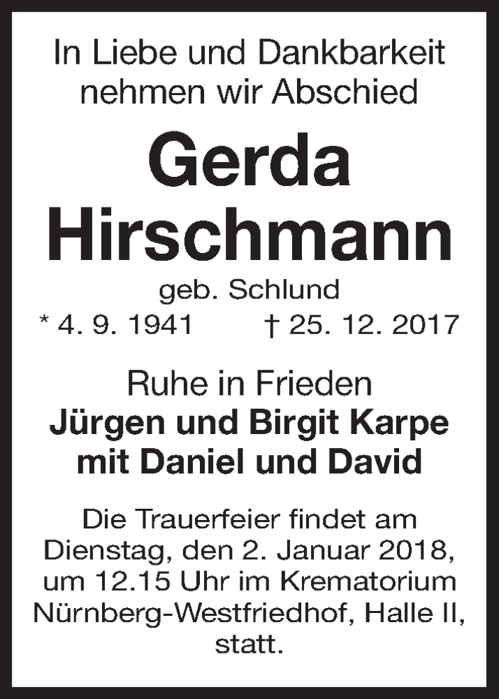  Traueranzeige für Gerda Hirschmann vom 29.12.2017 aus Gesamtausgabe Nürnberger Nachrichten/ Nürnberger Ztg.