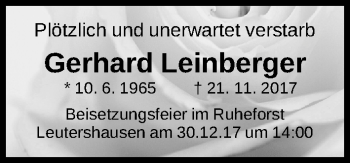 Traueranzeige von Gerhard Leinberger von Gesamtausgabe Nürnberger Nachrichten/ Nürnberger Ztg.