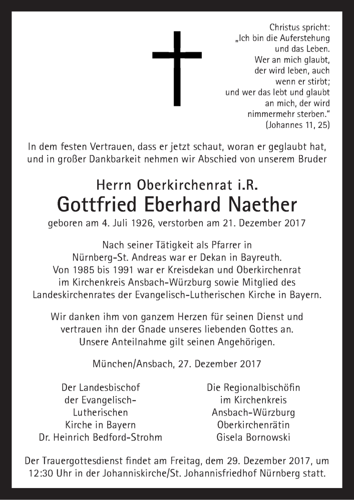  Traueranzeige für Gottfried Eberhard Naether vom 29.12.2017 aus Gesamtausgabe Nürnberger Nachrichten/ Nürnberger Ztg.