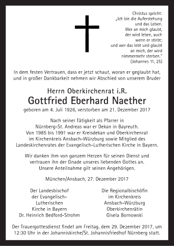 Traueranzeige von Gottfried Eberhard Naether von Gesamtausgabe Nürnberger Nachrichten/ Nürnberger Ztg.