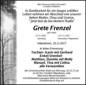 Traueranzeige von Grete Frenzel von Nordbayerische Nachrichten Forchheim Lokal