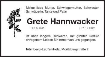 Traueranzeige von Grete Hannwacker von Gesamtausgabe Nürnberger Nachrichten/ Nürnberger Ztg.