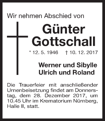 Traueranzeige von Günter Gottschall von Gesamtausgabe Nürnberger Nachrichten/ Nürnberger Ztg.