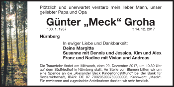 Traueranzeige von Günter Groha von Gesamtausgabe Nürnberger Nachrichten/ Nürnberger Ztg.