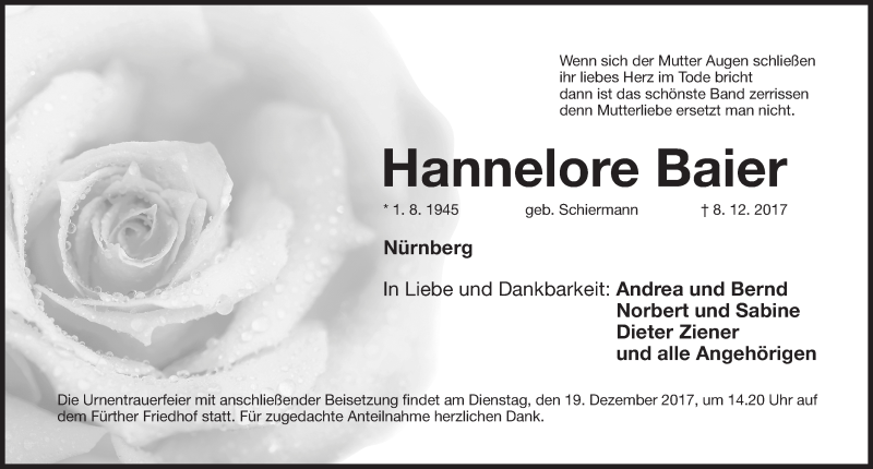  Traueranzeige für Hannelore Baier vom 16.12.2017 aus Fürther Nachrichten Lokal