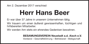 Traueranzeige von Hans Beer von Roth-Hilpoltsteiner Volkszeitung Lokal