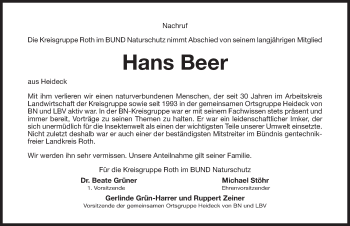 Traueranzeige von Hans Beer von Roth-Hilpoltsteiner Volkszeitung Lokal