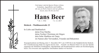 Traueranzeige von Hans Beer von Roth-Hilpoltsteiner Volkszeitung Lokal