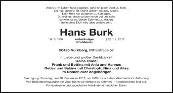 Traueranzeige von Hans Burk von Gesamtausgabe Nürnberger Nachrichten/ Nürnberger Ztg.