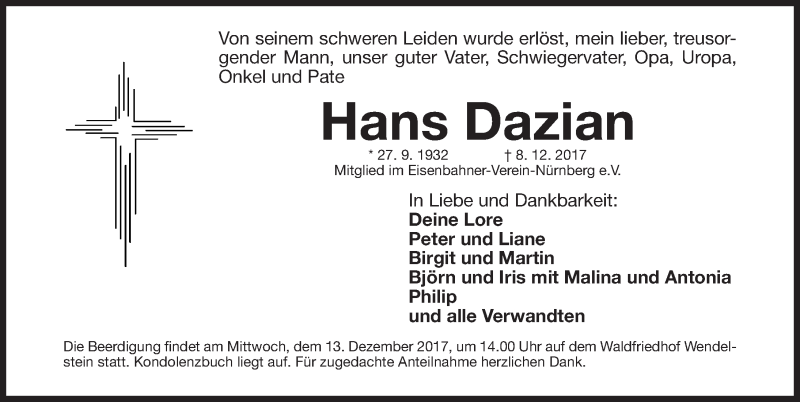  Traueranzeige für Hans Dazian vom 11.12.2017 aus Gesamtausgabe Nürnberger Nachrichten/ Nürnberger Ztg.