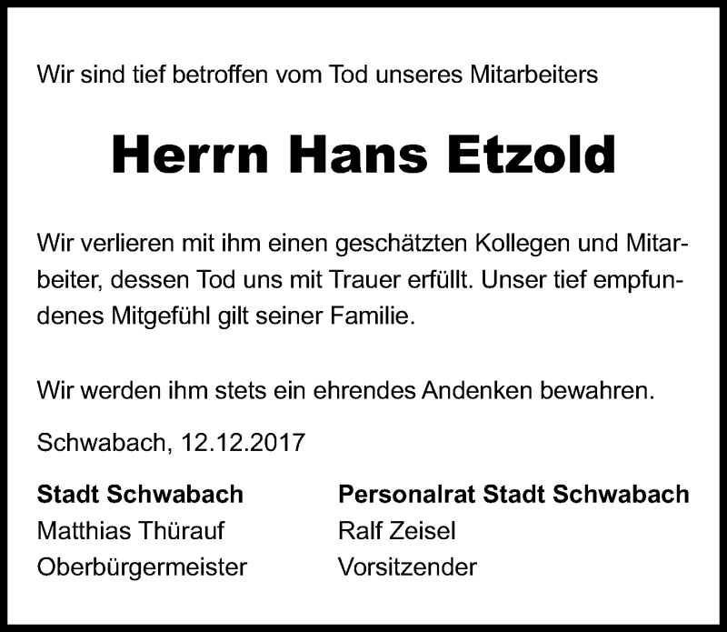  Traueranzeige für Hans Etzold vom 14.12.2017 aus Schwabach