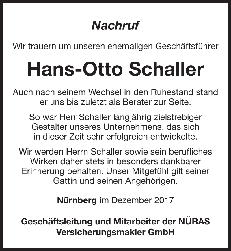  Traueranzeige für Hans-Otto Schaller vom 29.12.2017 aus Gesamtausgabe Nürnberger Nachrichten/ Nürnberger Ztg.