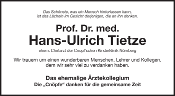 Traueranzeige von Hans-Ulrich Tietze von Gesamtausgabe Nürnberger Nachrichten/ Nürnberger Ztg./ Erlanger Nachrichten/ Fürther Nachrichten