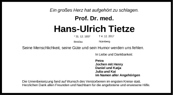 Traueranzeige von Hans-Ulrich Tietze von Gesamtausgabe Nürnberger Nachrichten/ Nürnberger Ztg./ Erlanger Nachrichten/ Fürther Nachrichten