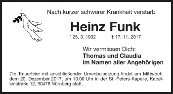 Traueranzeige von Heinz Funk von Gesamtausgabe Nürnberger Nachrichten/ Nürnberger Ztg.