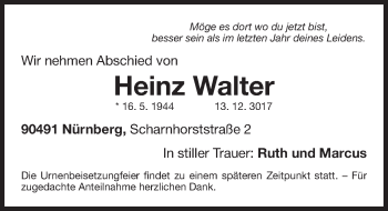 Traueranzeige von Heinz Walter von Gesamtausgabe Nürnberger Nachrichten/ Nürnberger Ztg.