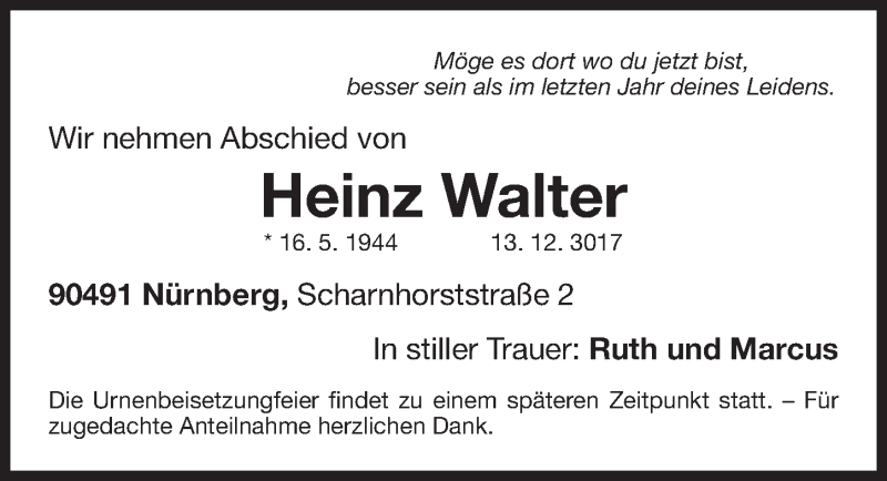  Traueranzeige für Heinz Walter vom 16.12.2017 aus Gesamtausgabe Nürnberger Nachrichten/ Nürnberger Ztg.