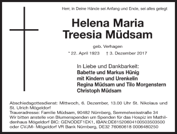 Traueranzeige von Helena Maria Treesia Müdsam von Gesamtausgabe Nürnberger Nachrichten/ Nürnberger Ztg.